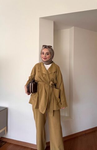 Keten Kimono Takım Yağ Yeşili