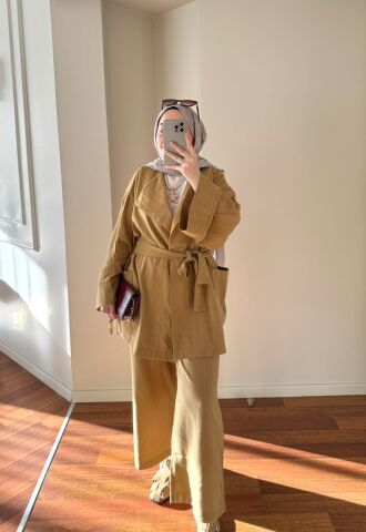 Keten Kimono Takım Yağ Yeşili