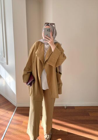 Keten Kimono Takım Yağ Yeşili