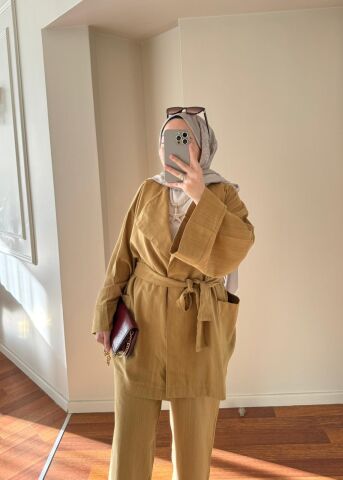 Keten Kimono Takım Yağ Yeşili