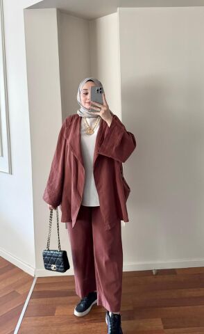 Keten Kimono Takım Bordo