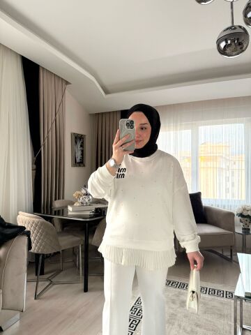 Miu Taşlı Sweat Beyaz