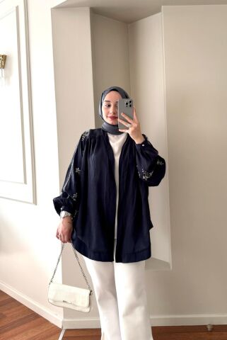 İşlemeli Lacivert Kimono