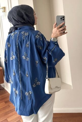 İşlemeli Mavi Kimono