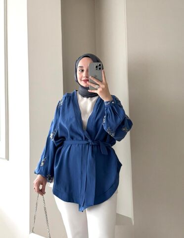 İşlemeli Mavi Kimono