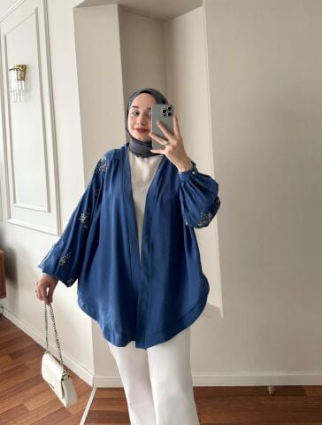 İşlemeli Mavi Kimono