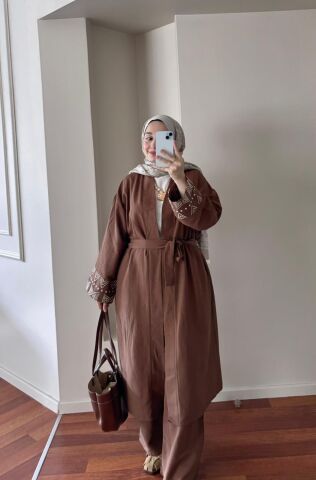 Kol Nakışlı Kahverengi Keten Takım