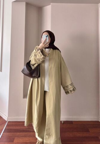 Kol Nakışlı Yeşil Keten Takım