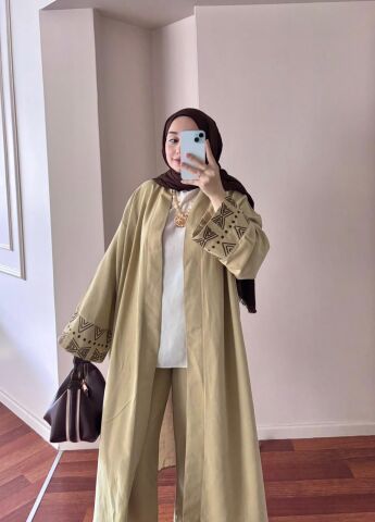 Kol Nakışlı Yeşil Keten Takım