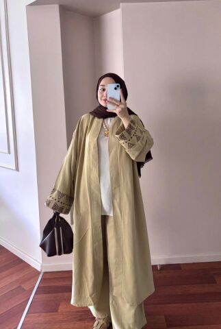 Kol Nakışlı Yeşil Keten Takım