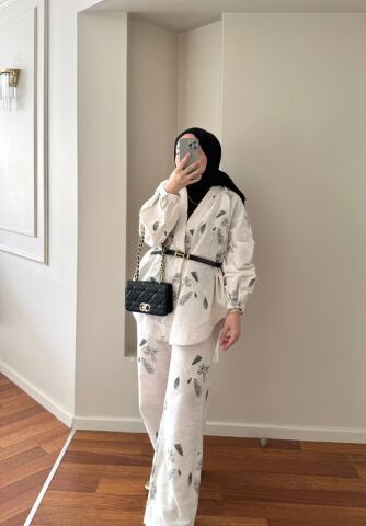 Desenli Keten Kimono Takım