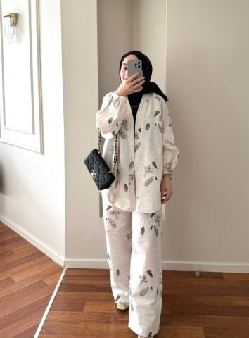 Desenli Keten Kimono Takım