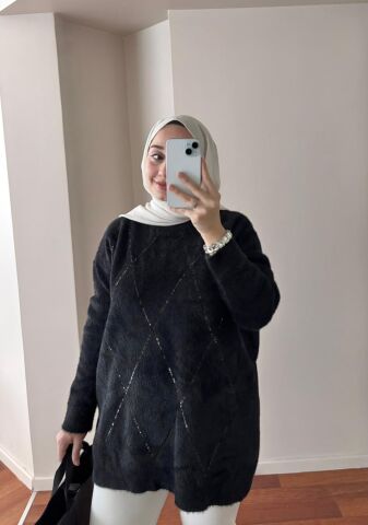 Baklava Desenli Siyah Kazak