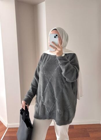 Baklava Desenli Gri Kazak