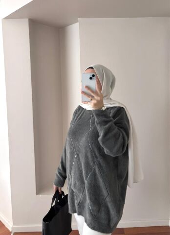 Baklava Desenli Gri Kazak