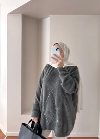 Baklava Desenli Gri Kazak