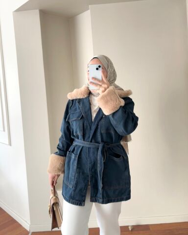 Kürklü Denim Ceket Koyu Mavi