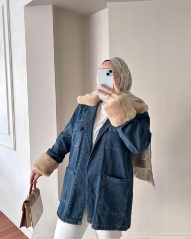 Kürklü Denim Ceket Koyu Mavi